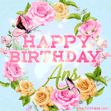 A charming animated GIF featuring 'Happy Birthday Ans' in pink and green text, surrounded by delicate roses, leaves, and fluttering butterflies on a soft light blue pastel background.