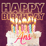 A colorful birthday cake topped with lit candles, with the words 'Happy Birthday Ans' in bold glowing letters on a burgundy background. Animated flames add a festive touch.