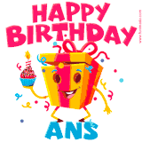 A vibrant and funny gift box character with a happy face dancing with a cupcake and the text 'Happy Birthday Ans,' surrounded by animated confetti and party vibes.
