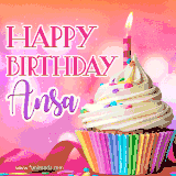 A vibrant birthday GIF featuring a rainbow-colored cupcake topped with white frosting, sprinkles, and a lit candle. The text reads 'Happy Birthday Ansa' in bold pink and violet letters with white outline.