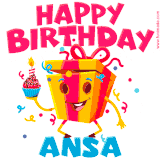 A vibrant and funny gift box character with a happy face dancing with a cupcake and the text 'Happy Birthday Ansa,' surrounded by animated confetti and party vibes.