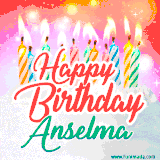 Bright birthday candles with rainbow flames on a cake, alongside the text 'Happy Birthday Anselma' in vibrant script in this celebratory animated GIF.