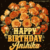 Animated bouquet of orange roses with moving butterfles and golden 'Happy Birthday Anshika' text, surrounded by sparkling accents and a dark backdrop for a luxurious feel.