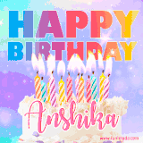 A vibrant animated name GIF with the words 'Happy Birthday Anshika' with colorful candles on a creamy cake. The background sparkles with pastel shades, adding a festive touch.