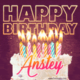 A colorful birthday cake topped with lit candles, with the words 'Happy Birthday Anstey' in bold glowing letters on a burgundy background. Animated flames add a festive touch.