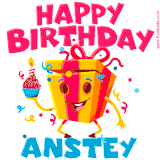 A vibrant and funny gift box character with a happy face dancing with a cupcake and the text 'Happy Birthday Anstey,' surrounded by animated confetti and party vibes.