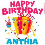 A vibrant and funny gift box character with a happy face dancing with a cupcake and the text 'Happy Birthday Anthia,' surrounded by animated confetti and party vibes.