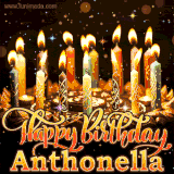 A glowing personalized birthday GIF with name Anthonella featuring lit candles with intricate designs, warm lighting, and the text 'Happy Birthday' in an elegant font.