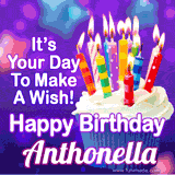 A colorful birthday GIF for Anthonella featuring a cupcake with vibrant lit candles and the text 'It's Your Day to Make a Wish! Happy Birthday Anthonella' in bold letters on a festive purple background.