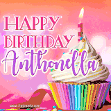 A vibrant birthday GIF featuring a rainbow-colored cupcake topped with white frosting, sprinkles, and a lit candle. The text reads 'Happy Birthday Anthonella' in bold pink and violet letters with white outline.