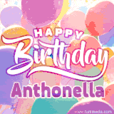 A vibrant name GIF featuring colorful balloons in shades of pink, orange, and yellow with the bold text 'Happy Birthday Anthonella' in festive fonts, creating a lively birthday vibe.