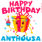 A vibrant and funny gift box character with a happy face dancing with a cupcake and the text 'Happy Birthday Anthousa,' surrounded by animated confetti and party vibes.