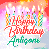 Bright birthday candles with rainbow flames on a cake, alongside the text 'Happy Birthday Antigone' in vibrant script in this celebratory animated GIF.