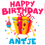 A vibrant and funny gift box character with a happy face dancing with a cupcake and the text 'Happy Birthday Antje,' surrounded by animated confetti and party vibes.
