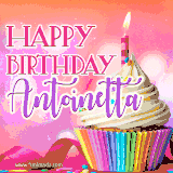 A vibrant birthday GIF featuring a rainbow-colored cupcake topped with white frosting, sprinkles, and a lit candle. The text reads 'Happy Birthday Antoinetta' in bold pink and violet letters with white outline.