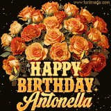 Animated bouquet of orange roses with moving butterfles and golden 'Happy Birthday Antonella' text, surrounded by sparkling accents and a dark backdrop for a luxurious feel.