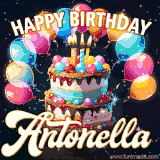 Bright birthday animation for Antonella with a chocolate cake, candles, balloons, and glowing celebratory lights.