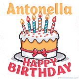 Cartoon birthday cake with a red bow, glowing candles, and 'Antonella Happy Birthday' text in bold animated style.