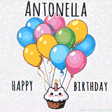 An adorable and cute cupcake with a smiley face and moving colorful balloons create a joyful birthday greeting for Antonella in this cheerful animated greeting E-card.