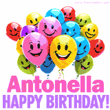Animated colorful and joyful birthday balloons with cheerful smiles and a bright 'Happy Birthday Antonella!' message in pink and purple.