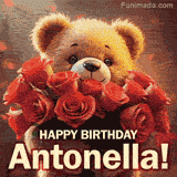 Cinematic style cute animated teddy bear with charming features holding a large bouquet of red roses, the words say 'Happy Birthday Antonella' in sans serif font.