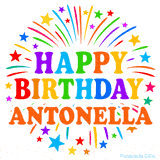 Happy Birthday Antonella' GIF with rainbow-colored letters, colorful stars, and fireworks on white background.