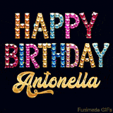 Vibrant luxury birthday greeting card for Antonella, showing glittering gemstone letters and golden calligraphy on a dark background with twinkling shine effects.