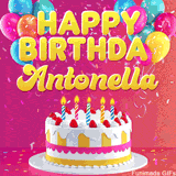Pink-themed animated greeting with balloons, confetti, and a frosted cake under the message 'Happy Birthday Antonella' in bold rounded yellow font.