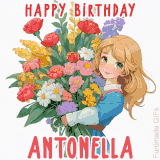 Bright floral birthday animation for Antonella showing a cute cartoon girl with golden hair and expressive eyes holding a huge bouquet, surrounded by birthday text.