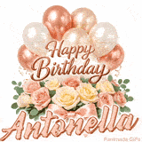 Beautiful pink and peach roses with gently moving Happy Birthday Antonella text