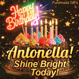 Custom birthday ecard for Antonella featuring a gourmet chocolate cake decorated with a neon Happy Birthday topper.