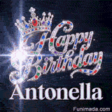 Happy Birthday Antonella animated GIF featuring a majestic silver crown decorated with rubies and emeralds.