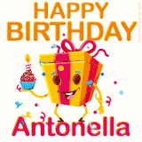 A vibrant and funny gift box character with a happy face dancing with a cupcake and the text 'Happy Birthday Antonella,' surrounded by animated confetti and party vibes.