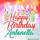 Bright birthday candles with rainbow flames on a cake, alongside the text 'Happy Birthday Antonetta' in vibrant script in this celebratory animated GIF.