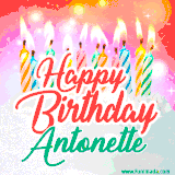 Bright birthday candles with rainbow flames on a cake, alongside the text 'Happy Birthday Antonette' in vibrant script in this celebratory animated GIF.