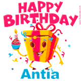 A vibrant and funny gift box character with a happy face dancing with a cupcake and the text 'Happy Birthday Antía,' surrounded by animated confetti and party vibes.
