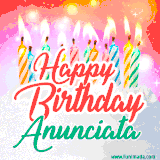 Bright birthday candles with rainbow flames on a cake, alongside the text 'Happy Birthday Anunciata' in vibrant script in this celebratory animated GIF.