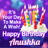 A colorful birthday GIF for Anushka featuring a cupcake with vibrant lit candles and the text 'It's Your Day to Make a Wish! Happy Birthday Anushka' in bold letters on a festive purple background.