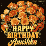 Animated bouquet of orange roses with moving butterfles and golden 'Happy Birthday Anushka' text, surrounded by sparkling accents and a dark backdrop for a luxurious feel.