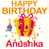 A vibrant and funny gift box character with a happy face dancing with a cupcake and the text 'Happy Birthday Anushka,' surrounded by animated confetti and party vibes.