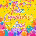 A bright and festive GIF with the text 'Feliz Cumpleaños Anvi' in Spanish in colorful fonts, surrounded by confetti, balloons, and festive banners on a vibrant yellow background.