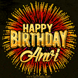 Golden 'Happy Birthday Anvi' text accompanied by animated rainbow fireworks for a festive animated greeting.