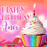 A vibrant birthday GIF featuring a rainbow-colored cupcake topped with white frosting, sprinkles, and a lit candle. The text reads 'Happy Birthday Anvi' in bold pink and violet letters with white outline.