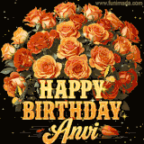 Animated bouquet of orange roses with moving butterfles and golden 'Happy Birthday Anvi' text, surrounded by sparkling accents and a dark backdrop for a luxurious feel.