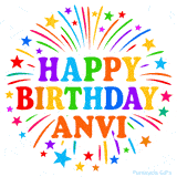 Happy Birthday Anvi' GIF with rainbow-colored letters, colorful stars, and fireworks on white background.