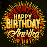 Golden 'Happy Birthday Anvika' text accompanied by animated rainbow fireworks for a festive animated greeting.