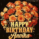 Animated bouquet of orange roses with moving butterfles and golden 'Happy Birthday Anvika' text, surrounded by sparkling accents and a dark backdrop for a luxurious feel.