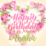 A stunning heart made of pink roses surrounds the elegant script text 'Happy Birthday Anvika' on a soft beige background. Animated sparkles add a magical and festive feel.