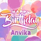 A vibrant name GIF featuring colorful balloons in shades of pink, orange, and yellow with the bold text 'Happy Birthday Anvika' in festive fonts, creating a lively birthday vibe.