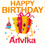 A vibrant and funny gift box character with a happy face dancing with a cupcake and the text 'Happy Birthday Anvika,' surrounded by animated confetti and party vibes.